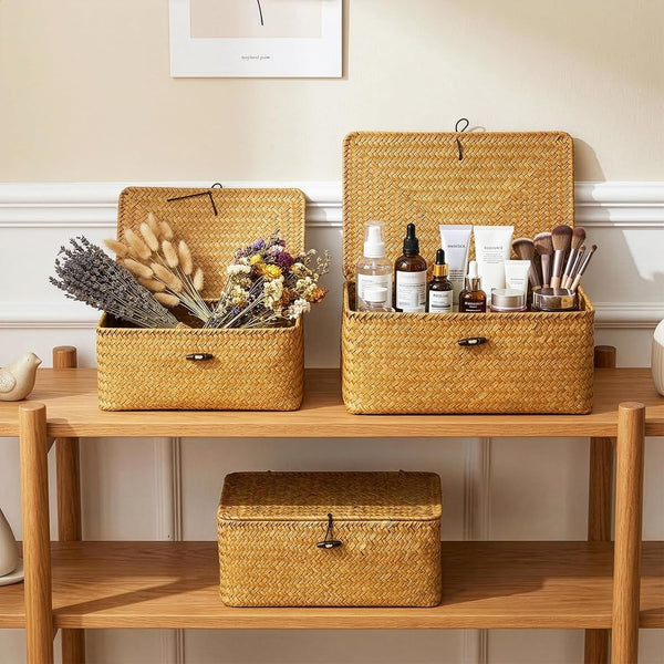 Small Shelf Baskets with Lid Set of 3, Compact Handwoven Seagrass Storage Bins Rectangular Wicker Basket for Shelf Organizer, Closet, Desktop7