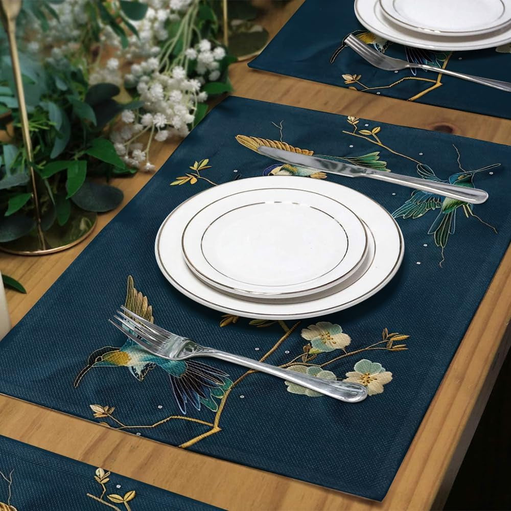 12x18-navy-green-hummingbird-golden-white-flowers-placemats-set-of-4-washable-thick-place-mats-kitchen-table-mats-decorative-linen-fabric-table-mat-for-dining-table-kitchen-home-decor