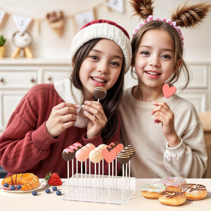 2 Pack Cake Pop Stand with Sticks Kit, Acrylic Lollipop Hold Stand | Clear Cake Pop Display Holder, 15 Holes Candy Pop Holder with 100 Pcs Sticks, 100 Pcs Clear Wrappers, 100 Pcs Gold Twist Ties6