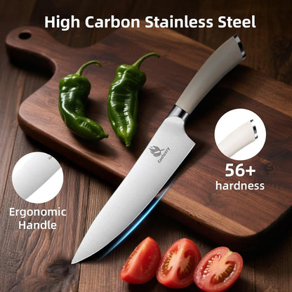 Professional White Chef Knife - 8 Inch High Carbon Stainless Steel Kitchen Knife with Ergonomic White Handle for Precise Cutting6