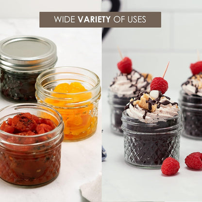 Wide Mouth Quilted Crystal Jelly Jars with Lids and Bands, Used for Canning, Pickling, Juice, Jam, Jelly, Quarter Pint Size (4 Ounce (Pack of 6))6