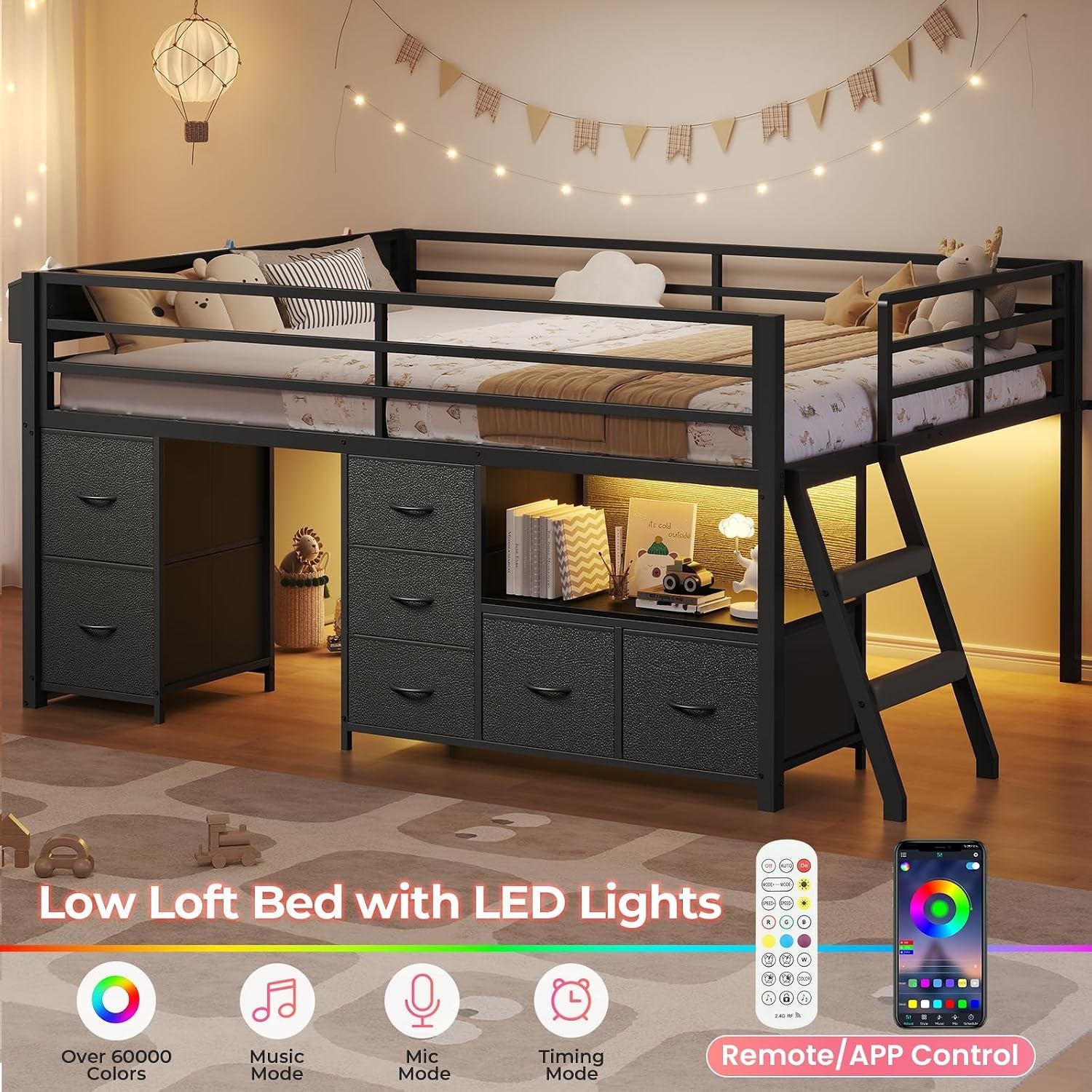 kids-low-loft-bed-full-with-7-drawers-bookcase-safety-guardrail