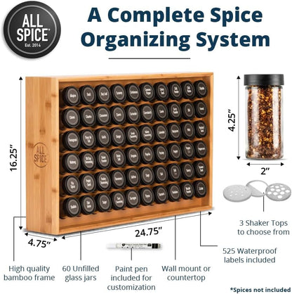 Spice Rack Organizer, Wood, 525 Unique Labels, Countertop or Wall Mount, Includes 60 4Oz Jars- Bamboo3