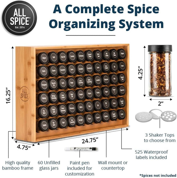 Spice Rack Organizer, Wood, 525 Unique Labels, Countertop or Wall Mount, Includes 60 4Oz Jars- Bamboo3