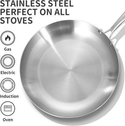 8.5-10 Inch Tri-Ply Stainless Steel Frying Pan Set with Lid,Skillets,Induction Cookware,Dishwasher and Oven Safe | Tri-Ply Stainless Steel Frying Pan | PFOA & PTFE Free | Fast & Even Heat | Induction Compatible | Dishwasher & Oven Safe3