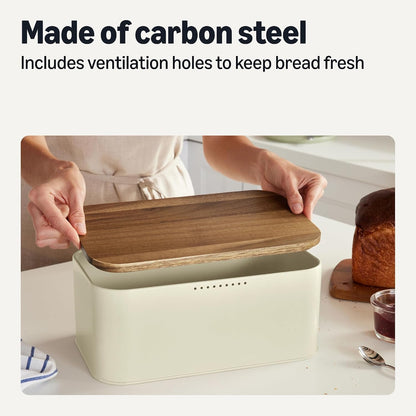 Carbon Steel Bread Box with Acacia Wood Lid, Lid Doubles as Cutting Board, 11.9 X 7.1 X 5.2 In3