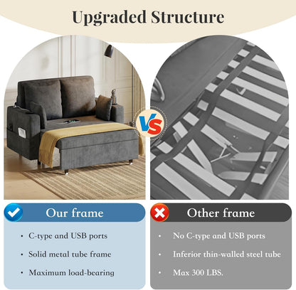 3 in 1 Pull Out Couch, 56 Inch Convertible Sleeper Sofa Bed, Loveseat Sofa Couch with Cup Holders, USB & Side Pocket, Modern Loveseat for Living Room, Bedroom, Includes Toss Pillows, Gray6