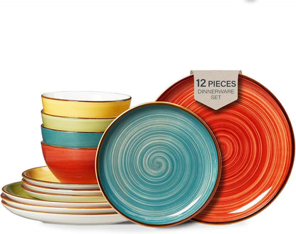 Plates and Bowls Set 12 Pcs,Stoneware Dinnerware Sets for 4 Microwavable,Oven & Dishwasher Safe Porcelain,Scratch Resistant Dishes Set1