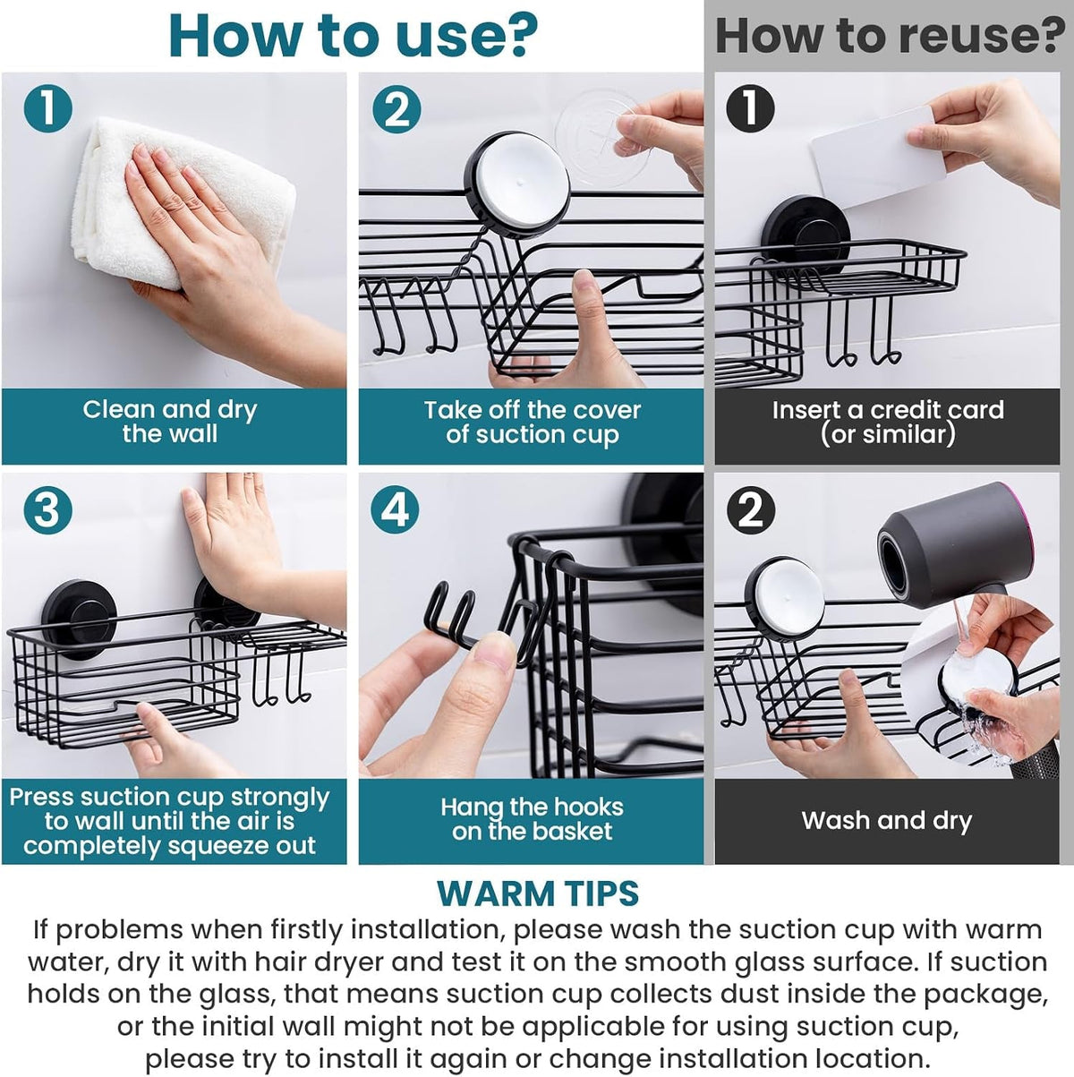 shower-caddy-suction-cup-with-hooks-and-soap-holder-black