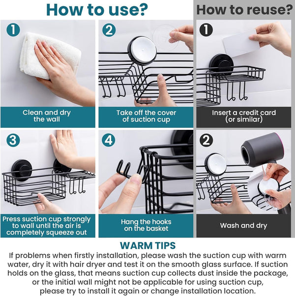 Shower Caddy Suction Cup with Hooks and Soap Holder, Black7