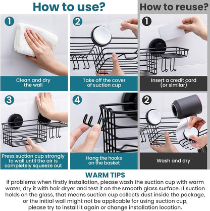 Shower Caddy Suction Cup with Hooks and Soap Holder, Black7