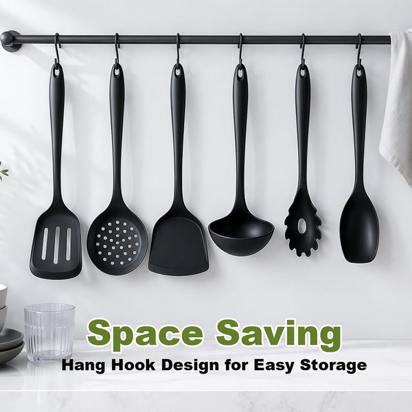 Thickened Silicone Kitchen Utensils Set, Upgrade 6 PCS Nonstick Cooking Utensils Set, Heat Resistant and BPA Free Silicone Utensil Spatula Set for Cooking with Turners, Spoon, Skimmer and Ladle(Black)3
