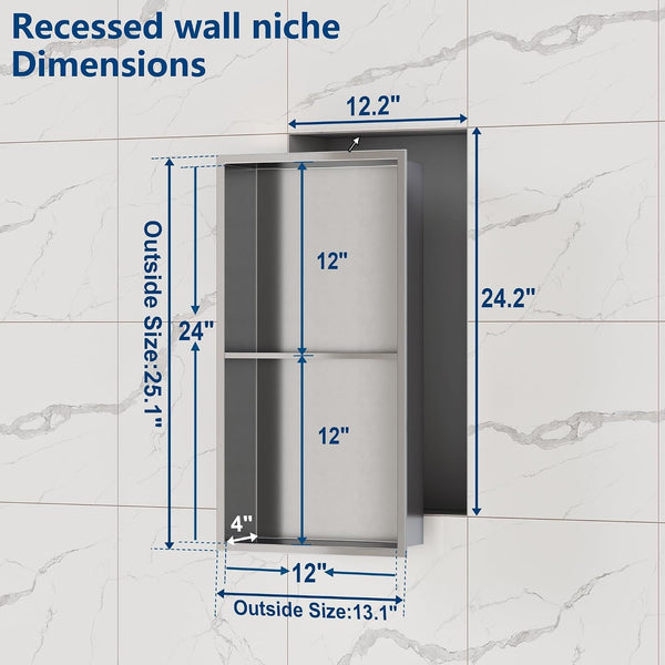 2-Tier Stainless Steel Shower Niche,Brushed, 12" X24"2