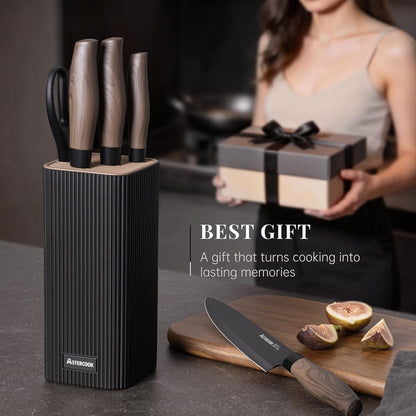 Knife Set, 6-Piece Kitchen Knife Set with Block, High Carbon Stainless Steel Ultra Sharp Kitchen Knives, Wood Grain Handle, Dishwasher Safe Knife Block Set, Black, Kitchen Utility Knives9