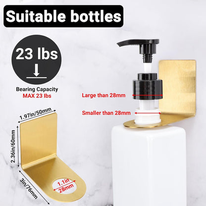 Non-Drilling Adhesive Bottle Holder, 3Pcs Bathroom Bottle Dispenser Holder, Dia 1.1" 2.8Cm Lotion Bottle Wall Mount, Rustproof Shampoo Bottle Holder Wall Hanging Rack for Kitchen Toilet Gold2