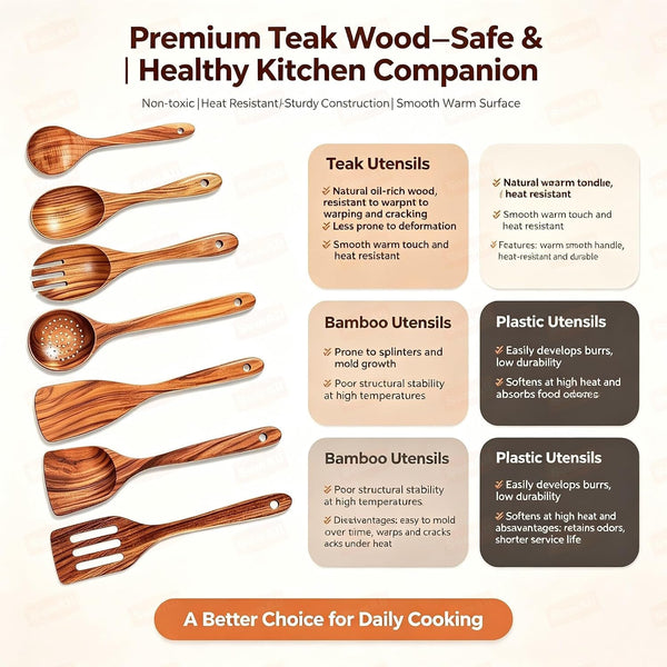 9 Pcs Teak Wooden Utensil Set with Hooks, Wooden Spoons for Cooking, Wood Cooking Utensils Set, Comfort Grip, Non Stick Cookware, Easy to Clean, Kitchen Stuff, Wood Spatula7