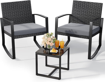 3 Pieces Patio Furniture Set Rocking Bistro Set Outdoor Rattan Conversation with Coffee Table for Garden Balcony Backyard Poolside (Grey Cushion)1
