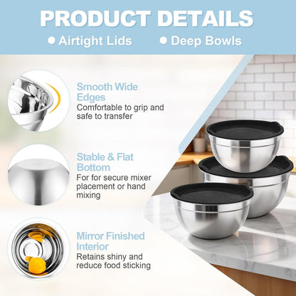 Mixing Bowls, Stainless Steel Nesting Salad Bowls & Airtight Lids3
