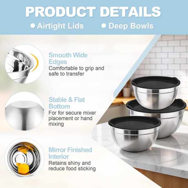 Mixing Bowls, Stainless Steel Nesting Salad Bowls & Airtight Lids3