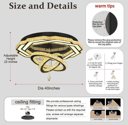 Large Chandelier Dia 40" Black 3 Ring Crystal Chandelier Flush Mount Ceiling Light for Living Room Dining Room Hallway Dimmable LED Celing Lighting3