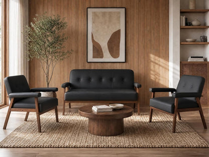 Black Leather Loveseat and Accent Chairs, Mid-Century Modern Office Furniture Sofa and Chair Set, Small Love Seat Couches with Wood Arm, 3 Pieces Living Room Furniture Sets (3)1