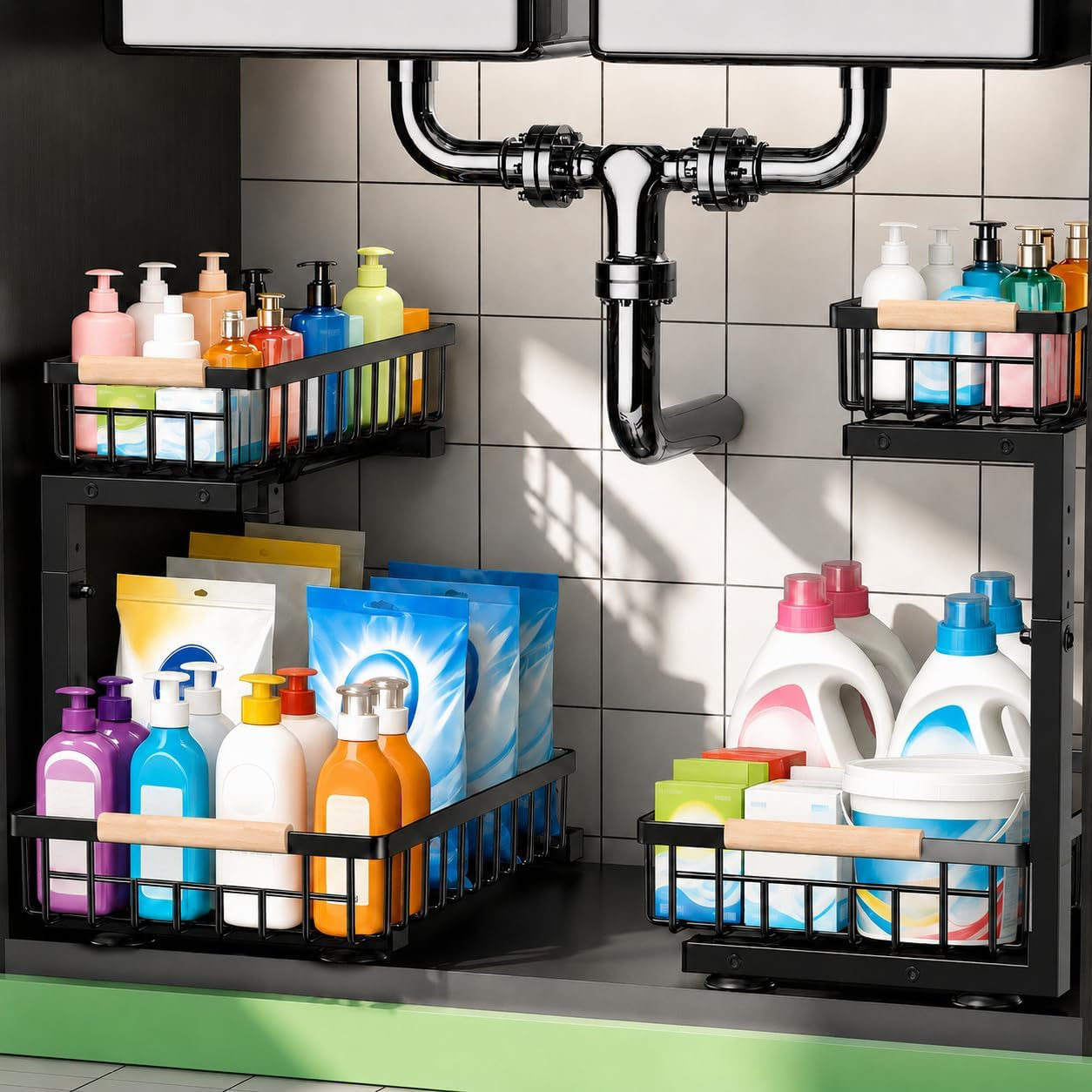 under-sink-organizer-2-pack-double-slide-out-metal-shelf-black