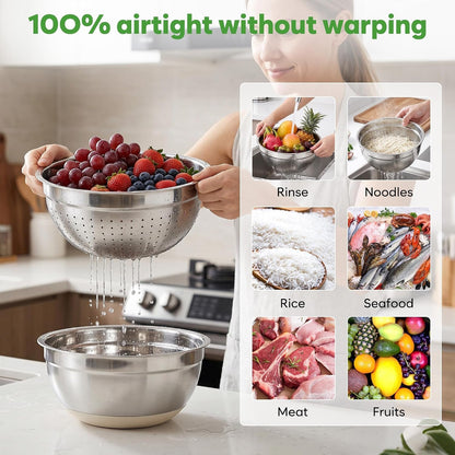 Mixing Bowls with Airtight Lids Set, Stainless Steel Salad Bowls with Non-Slip Silicone Bottoms, 8PCS Nesting Kitchen Bowls with Colander,Grater Attachments, for Mixing Cooking Prep2