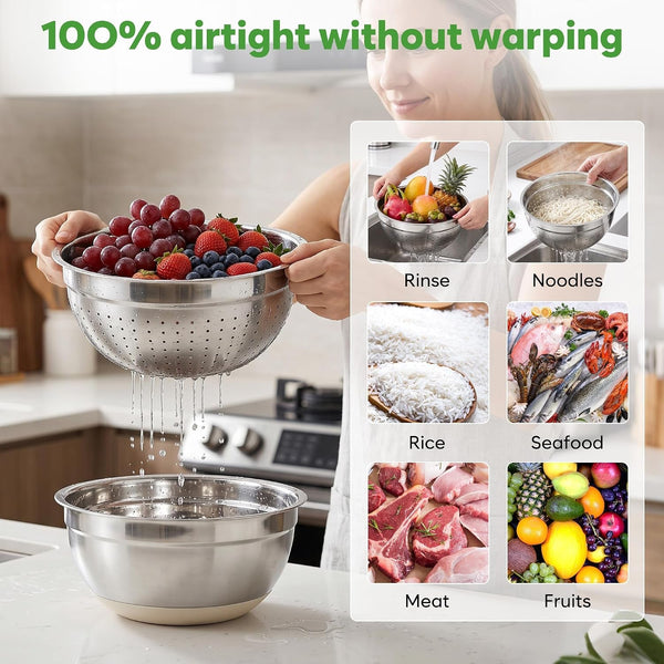 Mixing Bowls with Airtight Lids Set, Stainless Steel Salad Bowls with Non-Slip Silicone Bottoms, 8PCS Nesting Kitchen Bowls with Colander,Grater Attachments, for Mixing Cooking Prep2