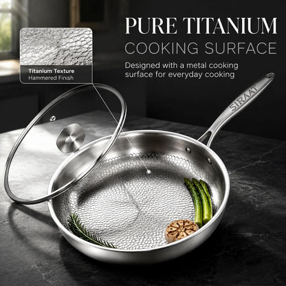 12 Inch Titanium Frying Pan, Pure Titanium Cooking Surface with Hammered Pattern, Pfas-Free 3-Ply Stainless Steel Induction Skillet, High Heat Oven Safe Coating-Free Pan with Tempered Glass Lid2
