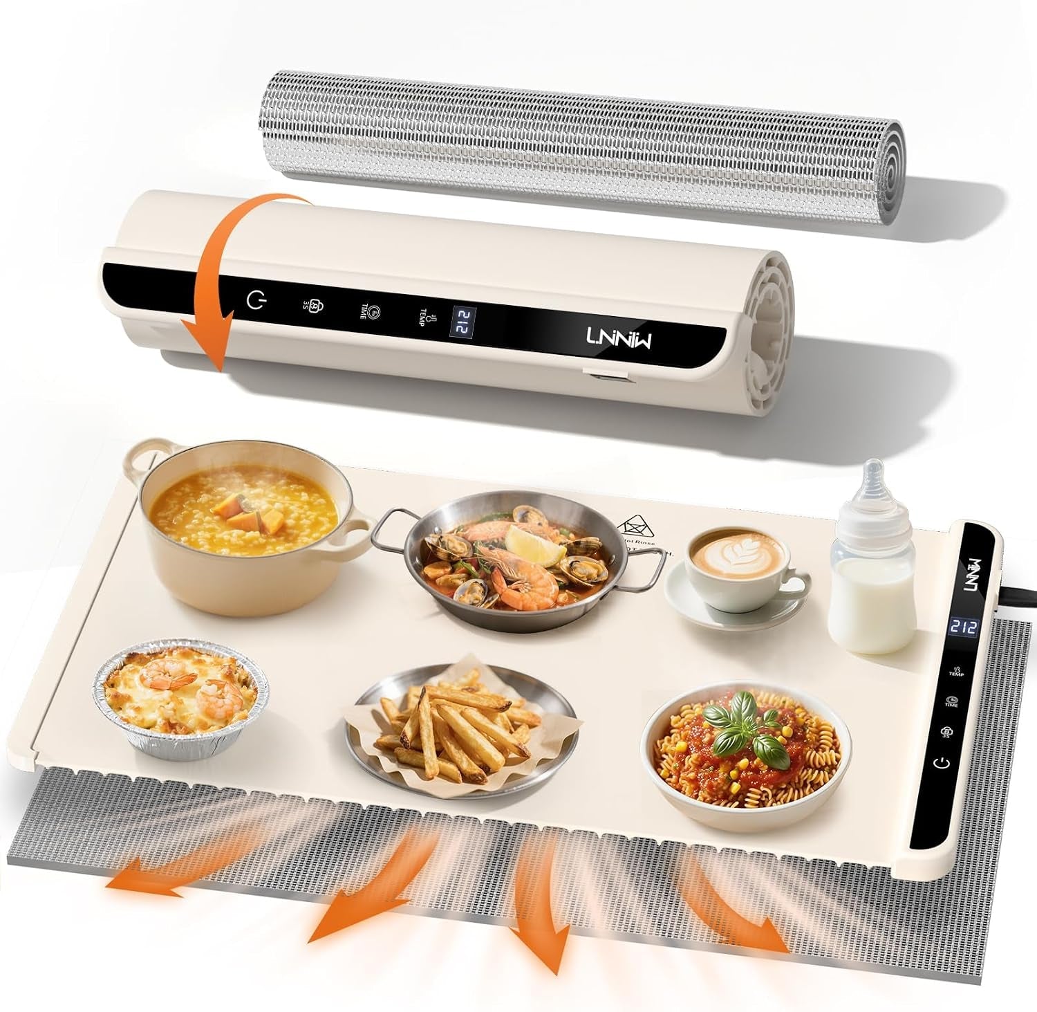warming-mat-for-food-26x15-inch-off-white-fast-heat-child-lock-includes-heat-resistant-pad-perfect-for-chafing-dishes-buffet-parties-easy-to-clean-store-6-settings-timer-lock