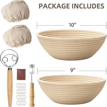 9" & 10" Banneton Bread Proofing Basket Set, round Banneton Basket for Sourdough Baking, Baking Supplies with Linen Liner, Bread Lame & Dough Whisk, Sourdough Proofing Tools2
