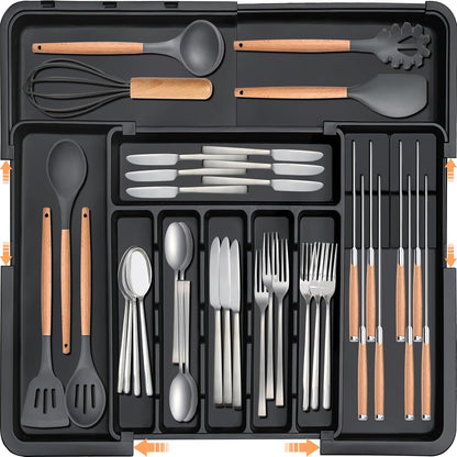 Silverware Organizer - Expandable Large Kitchen Drawer Organizer Utensil Organizer with 2 Removable Knife Blocks, 22"X 19"Cutlery Tray Drawer Dividers for Kitchen Flatware(6-9 Slots) (Black)1