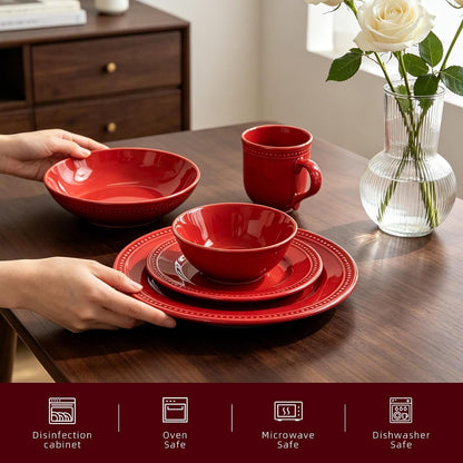 Pearl Dots Stoneware Dinnerware Set (20Pc Set, Red)3