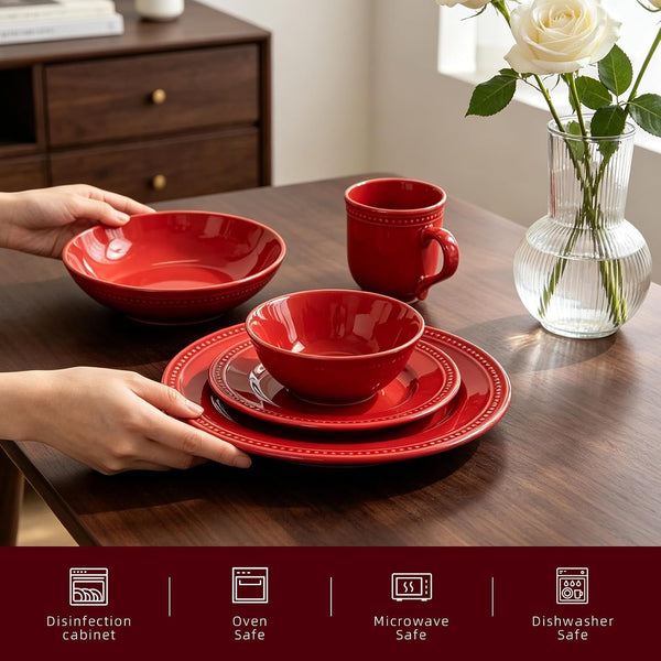 Pearl Dots Stoneware Dinnerware Set (20Pc Set, Red)3