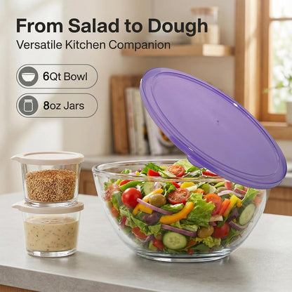 6QT Extra Large Glass Mixing Bowls Clear Glass Salad Cooking Bowls for Kitchen Salad Bread Storage with 8Oz Small Bowls,Ideal for Kitchen Storage ﻿6