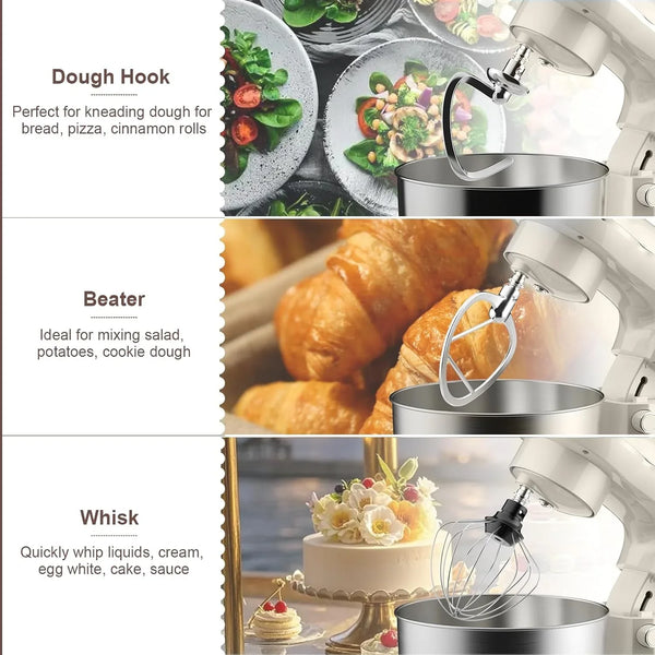 10 Speeds Stand Mixer with Bowl 6.5QT Stainless Steel, Electric Kitchen Stand up Mixer for Baking Cakes Cookie Bread Salad Food with Egg Whisk, Dough Hook, Flat Beater - Portable Baking Mixers White8