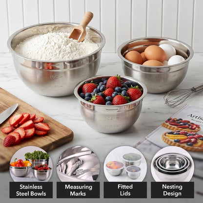 Stainless Steel Mixing Bowl Set of 3 with Lids, Silver BM46333S2