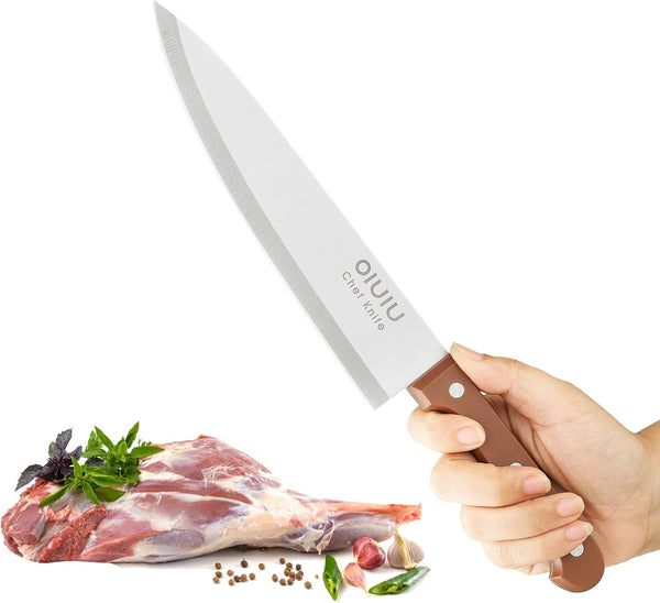 8 Inch Chef Knife, Razor Sharp Kitchen Knife with Protective Knife Sheath, Razor Sharp Slicing Knife with Ergonomic Handle, German Stainless Steel, Dishwasher Safe (Brown Color)8