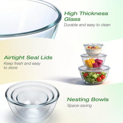 Glass Mixing Bowls with Lids Set of 5(4.7QT, 2.9QT, 2.2QT, 1.1QT, 0.53QT), Thick Glass Large Salad Bowls, Space-Saving Nesting Bowls for Kitchen Baking, Prepping, Cooking, Dishwasher, Microwave Safe3