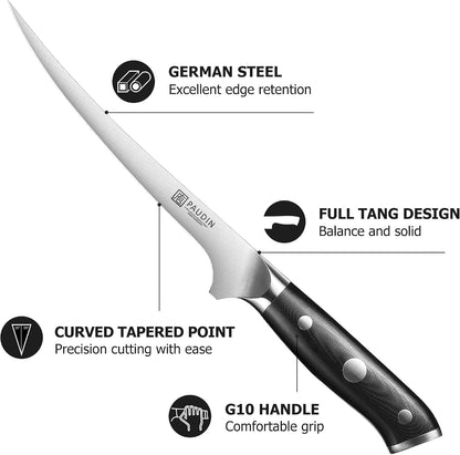 Fillet Knife, 7" Flexible Boning Knives with G10 Handle, Dishwasher Safe High Carbon German Steel Fish Knife for Meat Trimming, Deboning & Skinning,Professional Holiday BBQ Cooking Gift for Men7