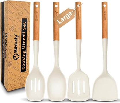 4PCS Silicone Cooking Spatula and Spoons Set, Nonstick Kitchen Utensils Set with Wood Handle, Heat Resistant Silicone Solid and Slotted Spatula Set with Turners, Serving Spoons(Cream White)1