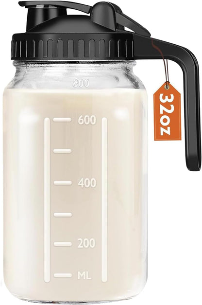 32 Oz Breast Milk Pitcher, 1 Quart Glass Mason Jar with Lid | Bpa-Free,Double Leak-Proof Lid,Wide Mouth,Thick Glass,Sturdy Handle ,Measurement Marks,Flip Cap ,Smooth Spout1