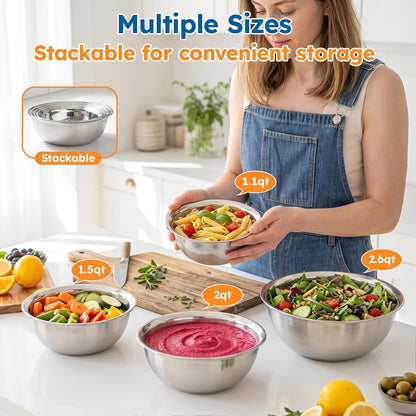 304 Stainless Steel Bowls, Stackable 4Pcs (1.1, 1.5, 2 & 2.6 Qt)6