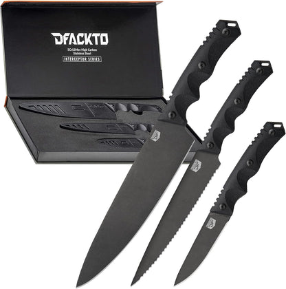 Premium Rugged 3-Piece Kitchen and Camping Knife Set, High Carbon Stainless Steel, G10 Handles, Full Tang - BBQ, Tactical, Outdoor Cooking - Includes 8" Chef, 6" Utility, 3.5" Paring - Black1