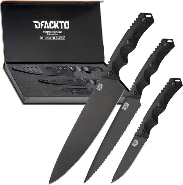 Premium Rugged 3-Piece Kitchen and Camping Knife Set, High Carbon Stainless Steel, G10 Handles, Full Tang - BBQ, Tactical, Outdoor Cooking - Includes 8" Chef, 6" Utility, 3.5" Paring - Black1