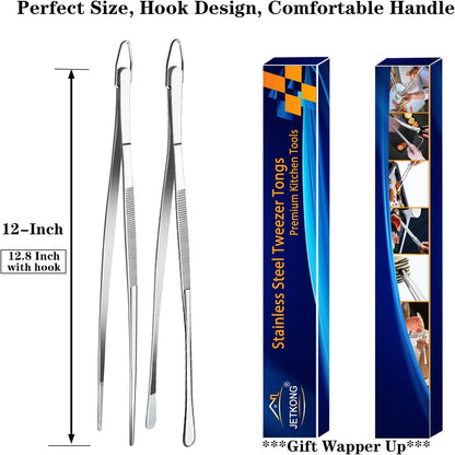 2 Pcs 12-Inch Kitchen Tweezers Fine Tweezer Tongs, Extra-Long Stainless Steel Cooking Tweezers (Silver)7