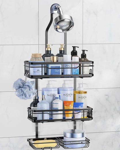 Shower Caddy Hanging over the Shower Head - Rustproof Shower Organizer Hanging with Soap Scrub Holder, Non-Slip Stainless Steel Bathroom Storage Rack & Shelves, No Drilling, Black1