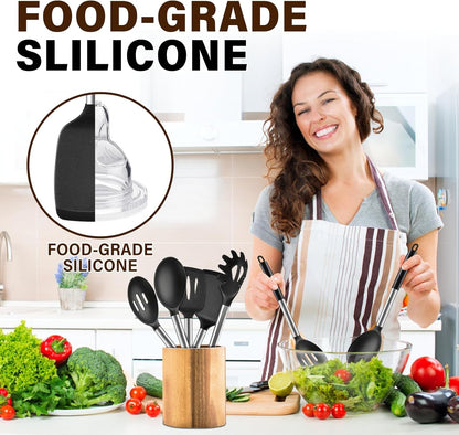5Pcs Silicone Cooking Utensils Set, Heat Resistant Kitchen Tools Include Solid&Slotted Spatula, Cooking Spoon and Pasta Server, Silicone Kitchen Utensils Set for Nonstick Cookware Flipping, Black6