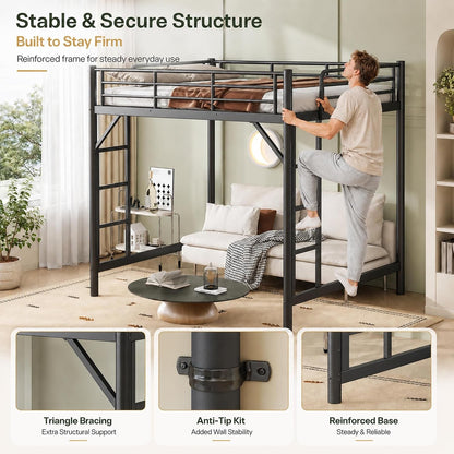 Full Loft Bed, Metal round Pipe, Dual Ladders, save Space, Black6