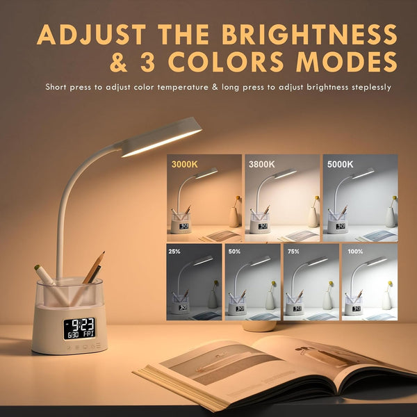 Led Desk Lamp with Pen Holder, Touch Lamps for Nightstand with 3 Color Modes, Eye-Caring Bedside Reading Light with Clock, Office Lamps Stepless Dimming, Lamp for Dorm Room, Suitable for Kid/Girl/Boy3